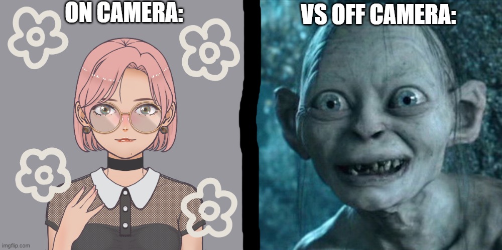 on camera vs off camera | ON CAMERA:; VS OFF CAMERA: | image tagged in memes,gollum | made w/ Imgflip meme maker