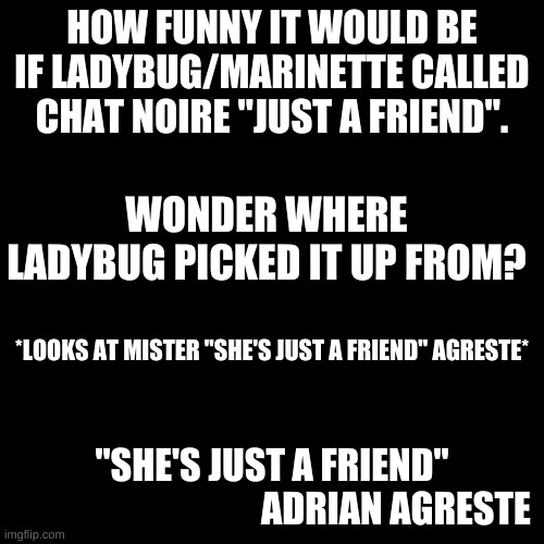 Adrian, please stop calling Mari "Just A Friend".Admit that you like her already. | HOW FUNNY IT WOULD BE IF LADYBUG/MARINETTE CALLED CHAT NOIRE "JUST A FRIEND". WONDER WHERE LADYBUG PICKED IT UP FROM? *LOOKS AT MISTER "SHE'S JUST A FRIEND" AGRESTE*; "SHE'S JUST A FRIEND"
                                  ADRIAN AGRESTE | image tagged in memes,blank transparent square | made w/ Imgflip meme maker