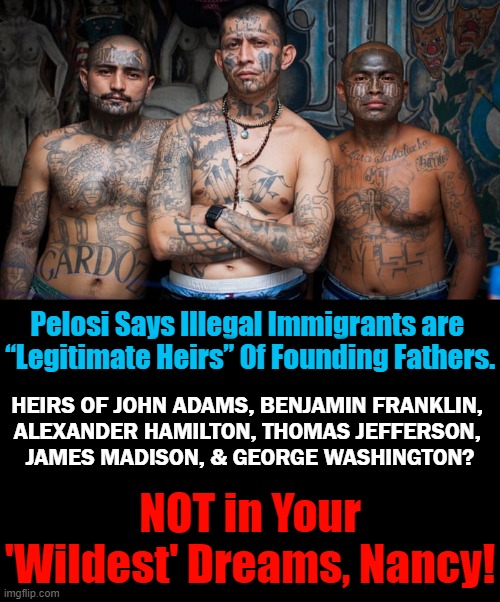 Nancy Pelosi Has Failed United States History...Disgusting!! | Pelosi Says Illegal Immigrants are 
“Legitimate Heirs” Of Founding Fathers. HEIRS OF JOHN ADAMS, BENJAMIN FRANKLIN, 
ALEXANDER HAMILTON, THOMAS JEFFERSON, 

JAMES MADISON, & GEORGE WASHINGTON? NOT in Your 'Wildest' Dreams, Nancy! | image tagged in political,illegal aliens,gangs,founding fathers,opposites | made w/ Imgflip meme maker