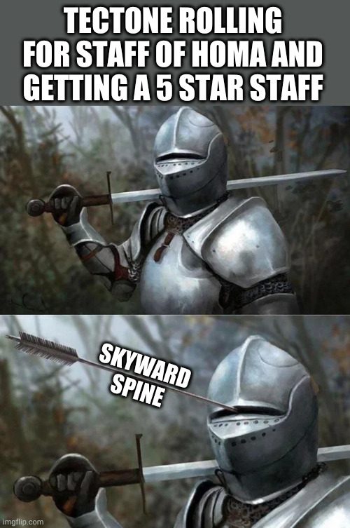 Medieval Knight with Arrow In Eye Slot | TECTONE ROLLING FOR STAFF OF HOMA AND GETTING A 5 STAR STAFF; SKYWARD SPINE | image tagged in medieval knight with arrow in eye slot | made w/ Imgflip meme maker