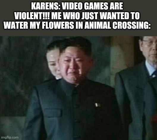 My first submission in the stream! Does memenade actually put memes from here onto his videos? | KARENS: VIDEO GAMES ARE VIOLENT!!! ME WHO JUST WANTED TO WATER MY FLOWERS IN ANIMAL CROSSING: | image tagged in memes,kim jong un sad | made w/ Imgflip meme maker