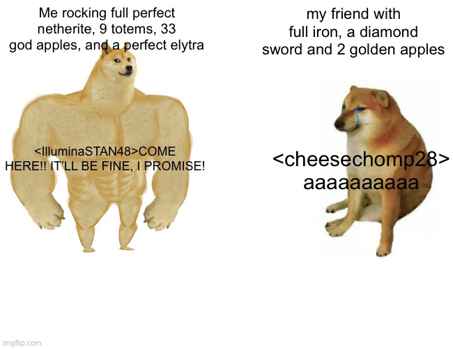 Buff Doge vs. Cheems Meme | Me rocking full perfect netherite, 9 totems, 33 god apples, and a perfect elytra; my friend with full iron, a diamond sword and 2 golden apples; <IlluminaSTAN48>COME HERE!! IT’LL BE FINE, I PROMISE! <cheesechomp28> aaaaaaaaaa | image tagged in memes,buff doge vs cheems | made w/ Imgflip meme maker