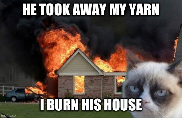 Burn Kitty | HE TOOK AWAY MY YARN; I BURN HIS HOUSE | image tagged in memes,burn kitty,grumpy cat | made w/ Imgflip meme maker