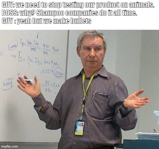 We make bullets | GUY: we need to stop testing our product on animals.

BOSS: why? Shampoo companies do it all time.

GUY : yeah but we make bullets | image tagged in simple explanation professor | made w/ Imgflip meme maker