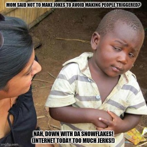 Third World Skeptical Kid | MOM SAID NOT TO MAKE JOKES TO AVOID MAKING PEOPLE TRIGGERED? NAH, DOWN WITH DA SNOWFLAKES!
(INTERNET TODAY TOO MUCH JERKS!) | image tagged in memes,third world skeptical kid,real | made w/ Imgflip meme maker