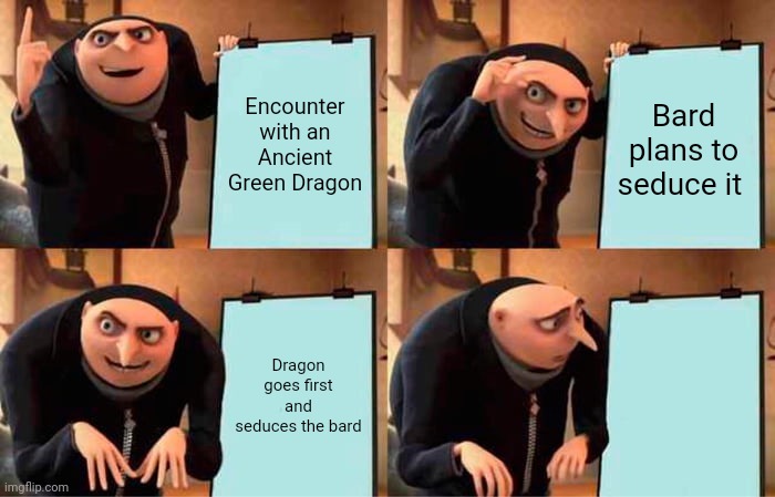 Gru's Plan Meme | Encounter with an Ancient Green Dragon; Bard plans to seduce it; Dragon goes first and seduces the bard; Dragon goes first and seduces the bard | image tagged in memes,gru's plan | made w/ Imgflip meme maker
