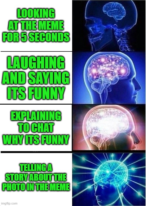 Expanding Brain Meme | LOOKING AT THE MEME FOR 5 SECONDS; LAUGHING AND SAYING ITS FUNNY; EXPLAINING TO CHAT WHY ITS FUNNY; TELLING A STORY ABOUT THE PHOTO IN THE MEME | image tagged in memes,expanding brain | made w/ Imgflip meme maker