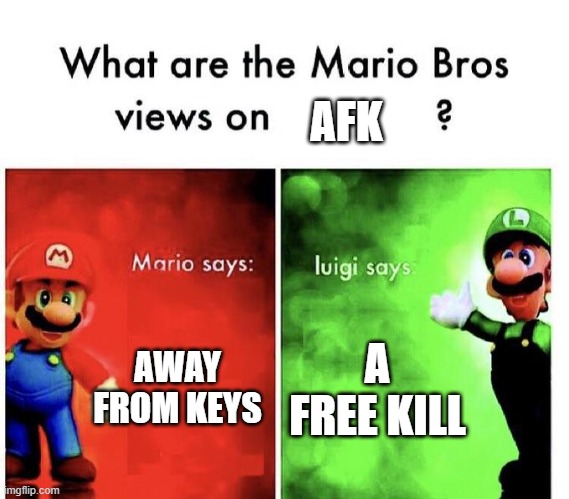 Mario Bros Views |  AFK; AWAY FROM KEYS; A FREE KILL | image tagged in mario bros views,afk,fun,luigi | made w/ Imgflip meme maker