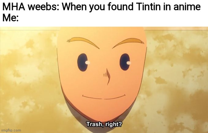 Trash, right? | MHA weebs: When you found Tintin in anime
Me: | image tagged in trash right | made w/ Imgflip meme maker