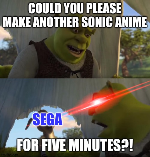 Shrek For Five Minutes | COULD YOU PLEASE MAKE ANOTHER SONIC ANIME; SEGA; FOR FIVE MINUTES?! | image tagged in shrek for five minutes | made w/ Imgflip meme maker