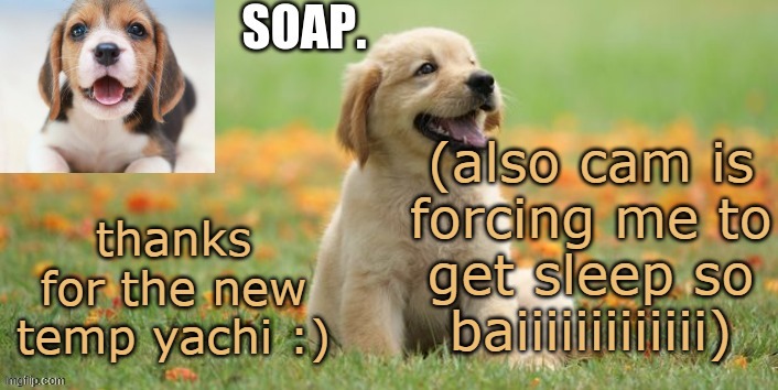 p u p p e r | (also cam is forcing me to get sleep so baiiiiiiiiiiiii); thanks for the new temp yachi :) | image tagged in soap doggo template | made w/ Imgflip meme maker