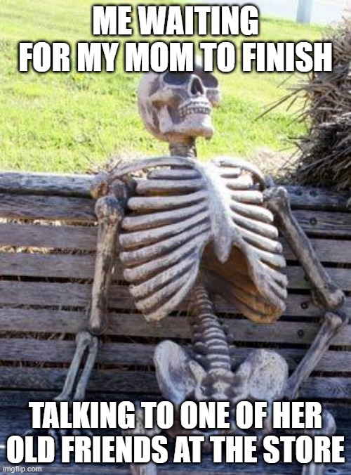 Waiting Skeleton | ME WAITING FOR MY MOM TO FINISH; TALKING TO ONE OF HER OLD FRIENDS AT THE STORE | image tagged in memes,waiting skeleton | made w/ Imgflip meme maker