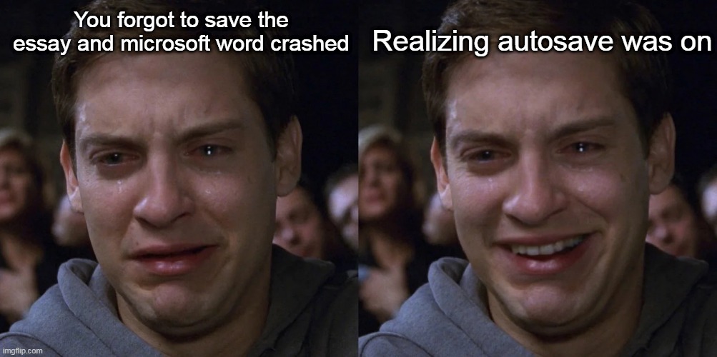 cries in happiness | Realizing autosave was on; You forgot to save the essay and microsoft word crashed | image tagged in crying peter parker,essays,i hate mondays,i hate school | made w/ Imgflip meme maker