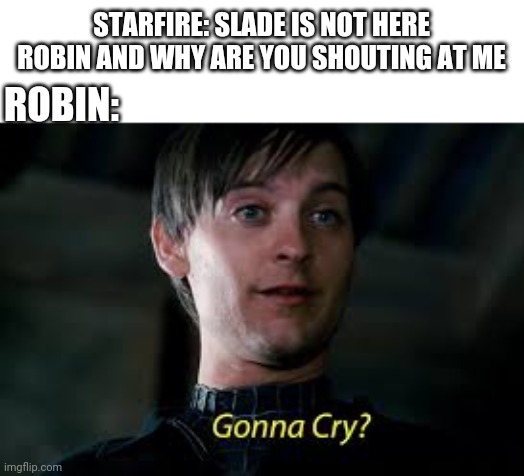Gonna Cry? | STARFIRE: SLADE IS NOT HERE ROBIN AND WHY ARE YOU SHOUTING AT ME; ROBIN: | image tagged in gonna cry | made w/ Imgflip meme maker