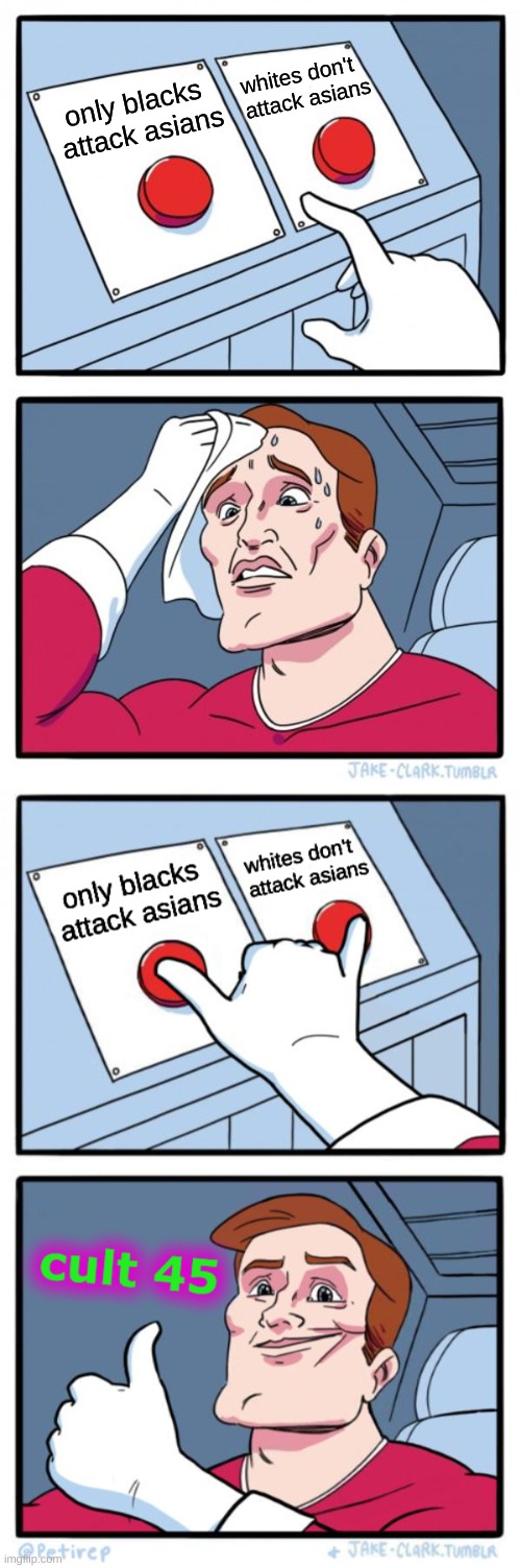 problem solved | whites don't
  attack asians; only blacks
 attack asians | image tagged in both buttons pressed,conservative hypocrisy,asian,racism,covid-19,blame | made w/ Imgflip meme maker