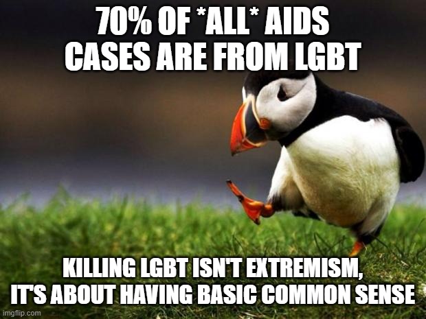 Unpopular Opinion Puffin | 70% OF *ALL* AIDS CASES ARE FROM LGBT; KILLING LGBT ISN'T EXTREMISM, IT'S ABOUT HAVING BASIC COMMON SENSE | image tagged in memes,unpopular opinion puffin,extremism,lgbt,kill,aids | made w/ Imgflip meme maker