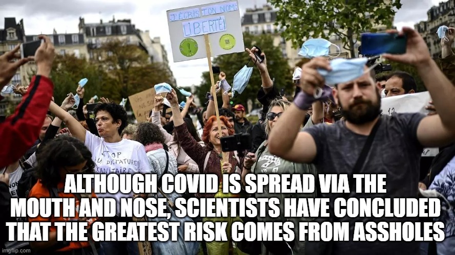 COVIDIOTS | ALTHOUGH COVID IS SPREAD VIA THE MOUTH AND NOSE, SCIENTISTS HAVE CONCLUDED THAT THE GREATEST RISK COMES FROM ASSHOLES | image tagged in covidiots | made w/ Imgflip meme maker