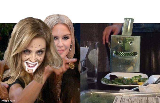 Kylies yelling at Kat. (see what I did there?) | image tagged in woman yelling at cat,kylie minogue,kylieminoguesucks,kate the grate,grate,crossover templates | made w/ Imgflip meme maker
