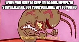 Visible Frustration | WHEN YOU HAVE TO KEEP UPLOADING MEMES TO STAY RELEVANT, BUT YOUR SCHEDULE SAY TO YOU NO | image tagged in visible frustration | made w/ Imgflip meme maker