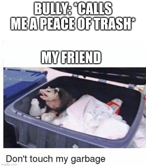 Don't touch my garbage | BULLY: *CALLS ME A PEACE OF TRASH*; MY FRIEND | image tagged in don't touch my garbage | made w/ Imgflip meme maker