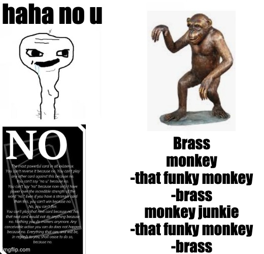 haha no u Brass monkey
-that funky monkey
-brass monkey junkie
-that funky monkey
-brass | image tagged in nordic gamer yes meme | made w/ Imgflip meme maker