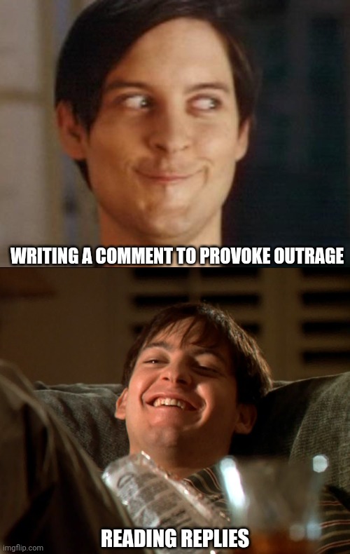 Troll Satisfaction | WRITING A COMMENT TO PROVOKE OUTRAGE; READING REPLIES | image tagged in memes,spiderman peter parker,troll,outrage | made w/ Imgflip meme maker