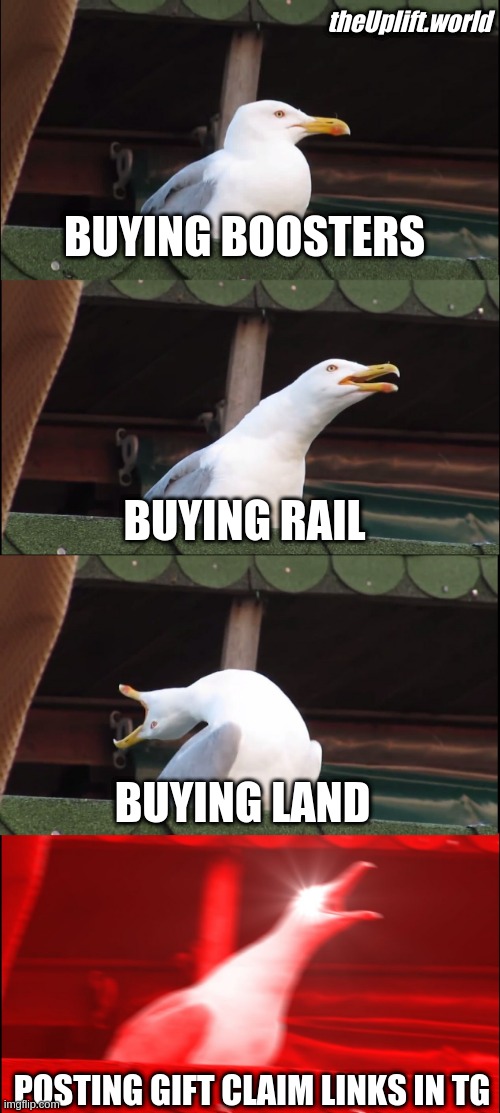 theUplift.world level up | theUplift.world; BUYING BOOSTERS; BUYING RAIL; BUYING LAND; POSTING GIFT CLAIM LINKS IN TG | image tagged in memes,inhaling seagull | made w/ Imgflip meme maker