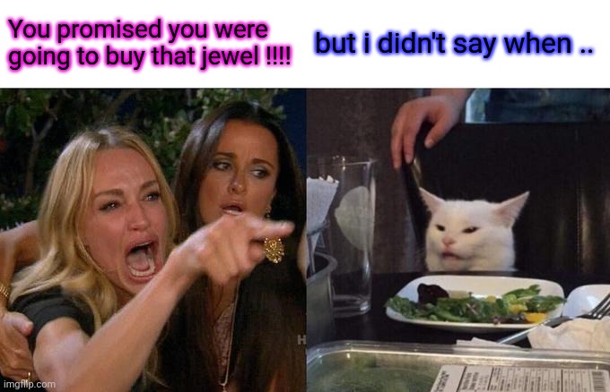 Woman Yelling At Cat Meme |  You promised you were going to buy that jewel !!!! but i didn't say when .. | image tagged in memes,woman yelling at cat | made w/ Imgflip meme maker