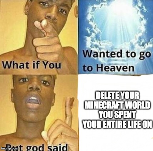 What if you wanted to go to Heaven | DELETE YOUR MINECRAFT WORLD YOU SPENT YOUR ENTIRE LIFE ON | image tagged in what if you wanted to go to heaven | made w/ Imgflip meme maker