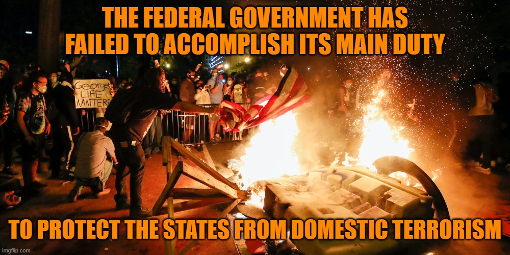 It is the job of the federal government to protect the states from domestic terrorism and they have failed for an entire year. | THE FEDERAL GOVERNMENT HAS FAILED TO ACCOMPLISH ITS MAIN DUTY; TO PROTECT THE STATES FROM DOMESTIC TERRORISM | image tagged in antifa,blm,violence,political violence,terrorism | made w/ Imgflip meme maker