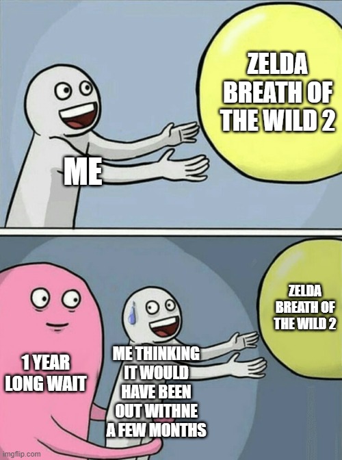 zelda botw 2 | ZELDA BREATH OF THE WILD 2; ME; ZELDA BREATH OF THE WILD 2; ME THINKING IT WOULD HAVE BEEN OUT WITHNE A FEW MONTHS; 1 YEAR LONG WAIT | image tagged in memes,running away balloon,the legend of zelda breath of the wild | made w/ Imgflip meme maker
