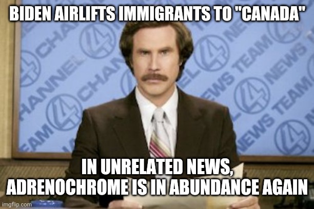 Politics and stuff | BIDEN AIRLIFTS IMMIGRANTS TO "CANADA"; IN UNRELATED NEWS, ADRENOCHROME IS IN ABUNDANCE AGAIN | image tagged in memes,ron burgundy | made w/ Imgflip meme maker