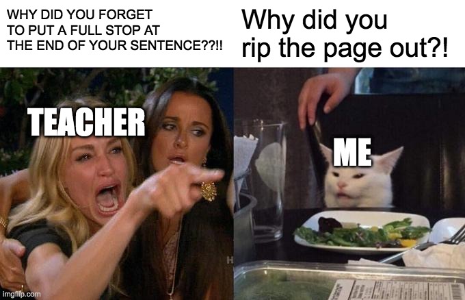 Woman Yelling At Cat Meme | WHY DID YOU FORGET TO PUT A FULL STOP AT THE END OF YOUR SENTENCE??!! Why did you rip the page out?! TEACHER; ME | image tagged in memes,woman yelling at cat | made w/ Imgflip meme maker