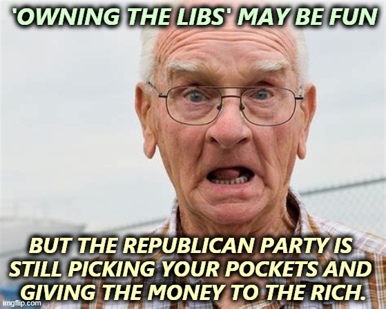 You can laugh and laugh, but you're still losing. | 'OWNING THE LIBS' MAY BE FUN; BUT THE REPUBLICAN PARTY IS 
STILL PICKING YOUR POCKETS AND 
GIVING THE MONEY TO THE RICH. | image tagged in conservative,jackass | made w/ Imgflip meme maker