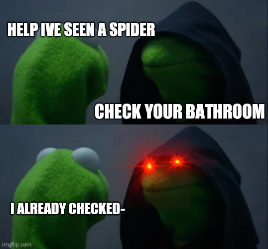 HELP IVE SEEN A SPIDER; CHECK YOUR BATHROOM; I ALREADY CHECKED- | image tagged in memes,evil kermit | made w/ Imgflip meme maker