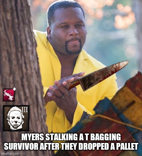 Here's where the fun starts | MYERS STALKING A T BAGGING SURVIVOR AFTER THEY DROPPED A PALLET | image tagged in dead by daylight | made w/ Imgflip meme maker