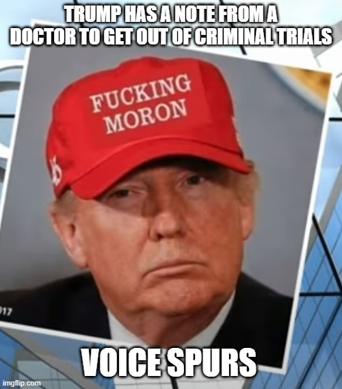 Time to Lock Him Up! | TRUMP HAS A NOTE FROM A DOCTOR TO GET OUT OF CRIMINAL TRIALS; VOICE SPURS | image tagged in criminal,liar,corrupt,mafia,traitor,commie | made w/ Imgflip meme maker