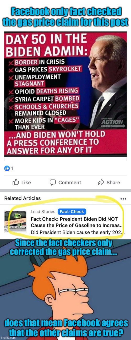 The other claims were not rebutted | Facebook only fact checked the gas price claim for this post; Since the fact checkers only corrected the gas price claim.... does that mean Facebook agrees that the other claims are true? | image tagged in memes,futurama fry,joe biden,fact check,facebook,politics lol | made w/ Imgflip meme maker