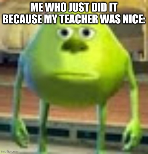 Sully Wazowski | ME WHO JUST DID IT BECAUSE MY TEACHER WAS NICE: | image tagged in sully wazowski | made w/ Imgflip meme maker