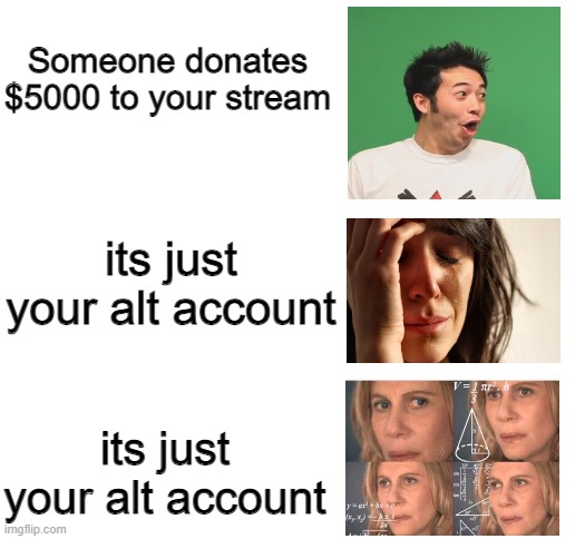 Blank White Template | Someone donates $5000 to your stream; its just your alt account; its just your alt account | image tagged in streaming,funny,funny memes,memes | made w/ Imgflip meme maker