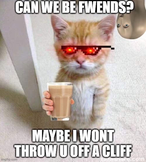 how fwends showed act! | CAN WE BE FWENDS? MAYBE I WONT THROW U OFF A CLIFF | image tagged in memes,cute cat,funny cats,friendship | made w/ Imgflip meme maker