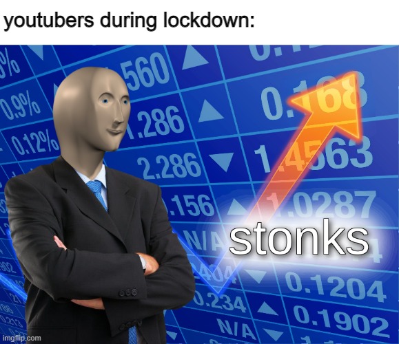 stonks | youtubers during lockdown: | image tagged in stonks,youtubers,funny memes | made w/ Imgflip meme maker