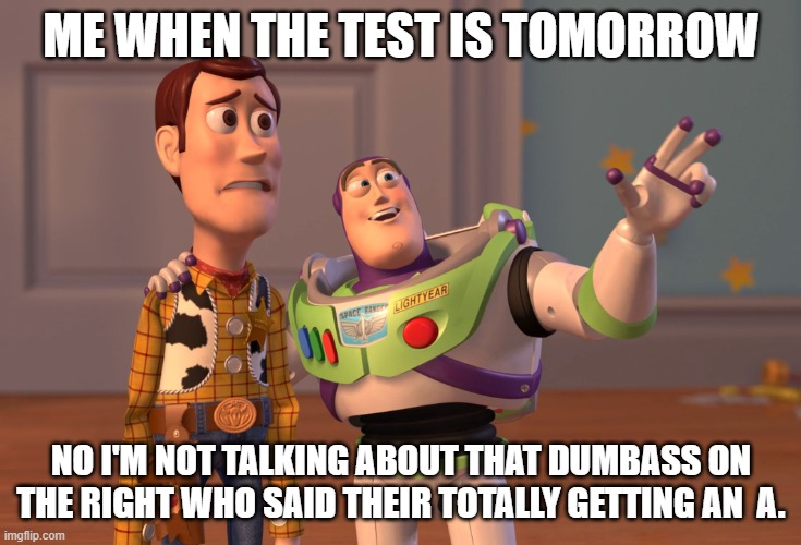 X, X Everywhere Meme | ME WHEN THE TEST IS TOMORROW; NO I'M NOT TALKING ABOUT THAT DUMBASS ON THE RIGHT WHO SAID THEIR TOTALLY GETTING AN  A. | image tagged in memes,x x everywhere | made w/ Imgflip meme maker