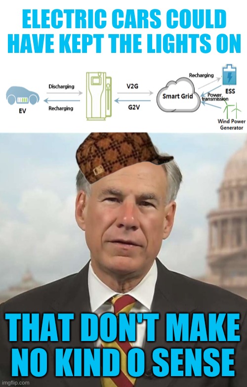 ELECTRIC CARS COULD HAVE KEPT THE LIGHTS ON; THAT DON'T MAKE
NO KIND O SENSE | image tagged in scumbag greg abbot cropped,electric cars,renewable energy,texas,blackout,conservative logic | made w/ Imgflip meme maker