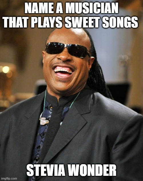 Stevie Wonder | NAME A MUSICIAN THAT PLAYS SWEET SONGS; STEVIA WONDER | image tagged in stevie wonder | made w/ Imgflip meme maker