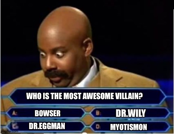 Quiz Show Meme | WHO IS THE MOST AWESOME VILLAIN? DR.WILY; BOWSER; DR.EGGMAN; MYOTISMON | image tagged in quiz show meme | made w/ Imgflip meme maker