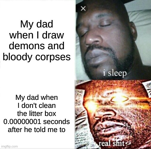 :D | My dad when I draw demons and bloody corpses; My dad when I don't clean the litter box 0.00000001 seconds after he told me to | image tagged in memes,sleeping shaq | made w/ Imgflip meme maker