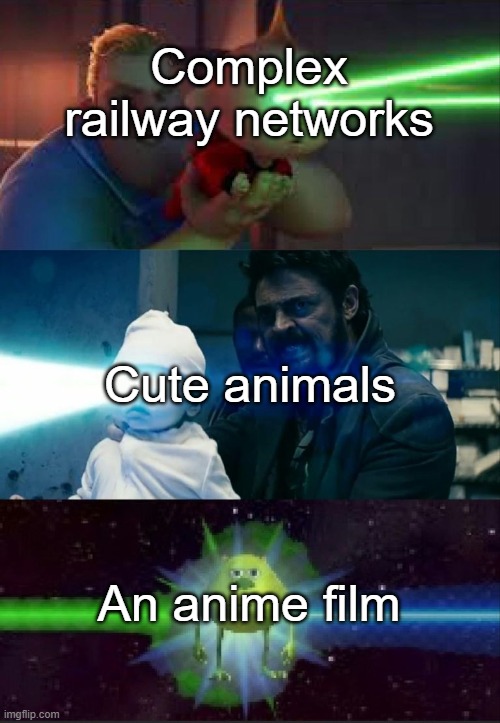 Laser Babies to Mike Wazowski | Complex railway networks; Cute animals; An anime film | image tagged in laser babies to mike wazowski | made w/ Imgflip meme maker