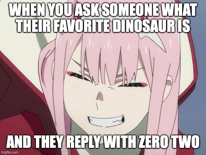 I see you are a man of culture as well | WHEN YOU ASK SOMEONE WHAT THEIR FAVORITE DINOSAUR IS; AND THEY REPLY WITH ZERO TWO | image tagged in smiling zero-two | made w/ Imgflip meme maker