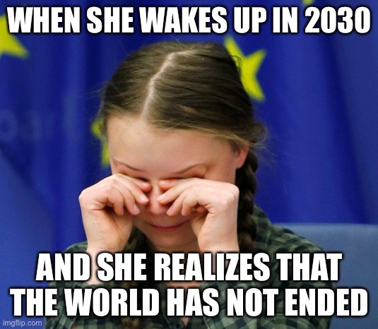 2030 | WHEN SHE WAKES UP IN 2030; AND SHE REALIZES THAT THE WORLD HAS NOT ENDED | image tagged in greta thunberg upset,Anarcho_Capitalism | made w/ Imgflip meme maker